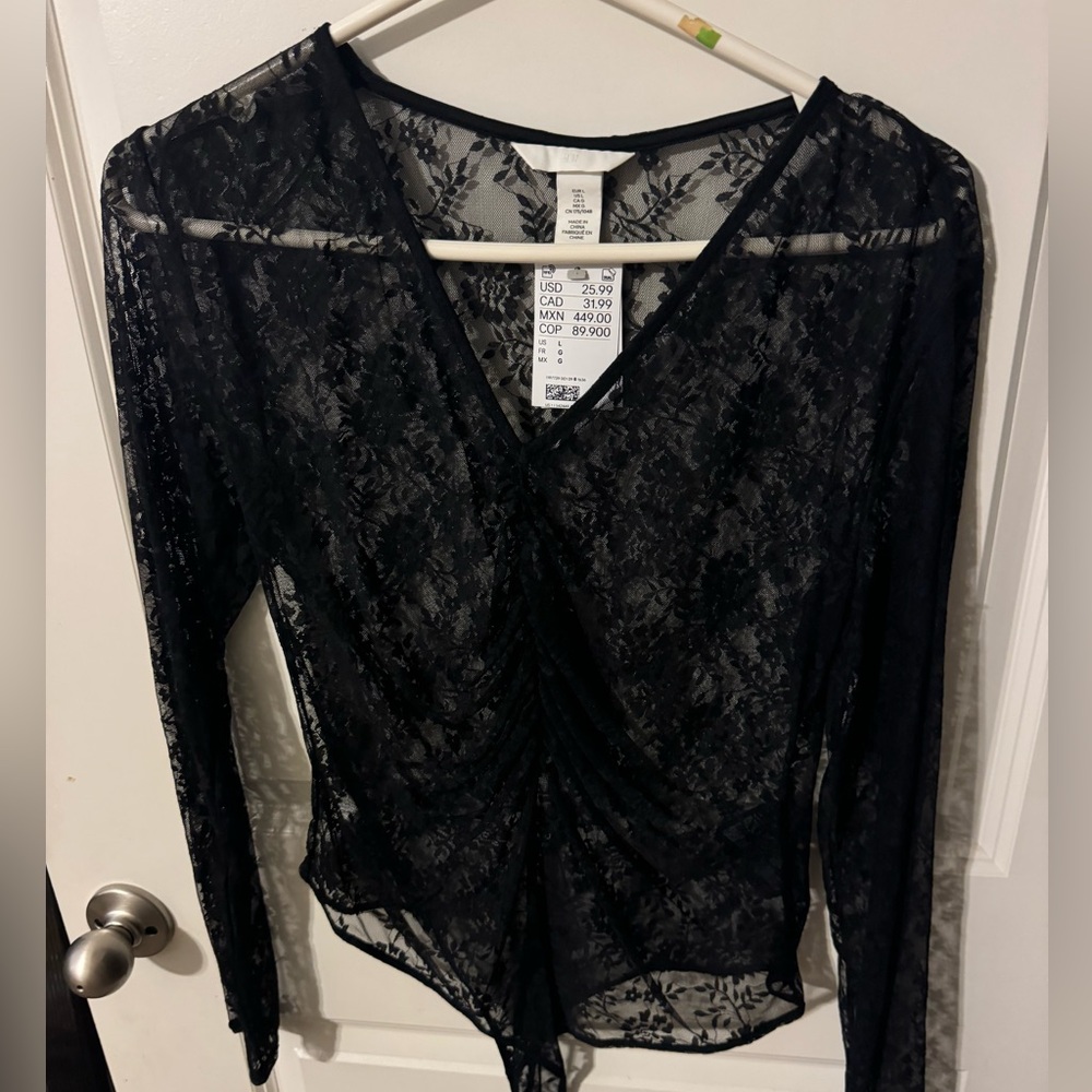 Brand new, never worn, H&M black lace shirred front bodysuit, women’s size L